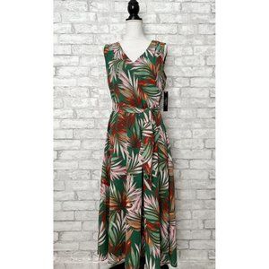 NWT! Tahari Woman’s 12 Green Red Pink Palm Fern Tropical Maxi Hi Low Dress $99